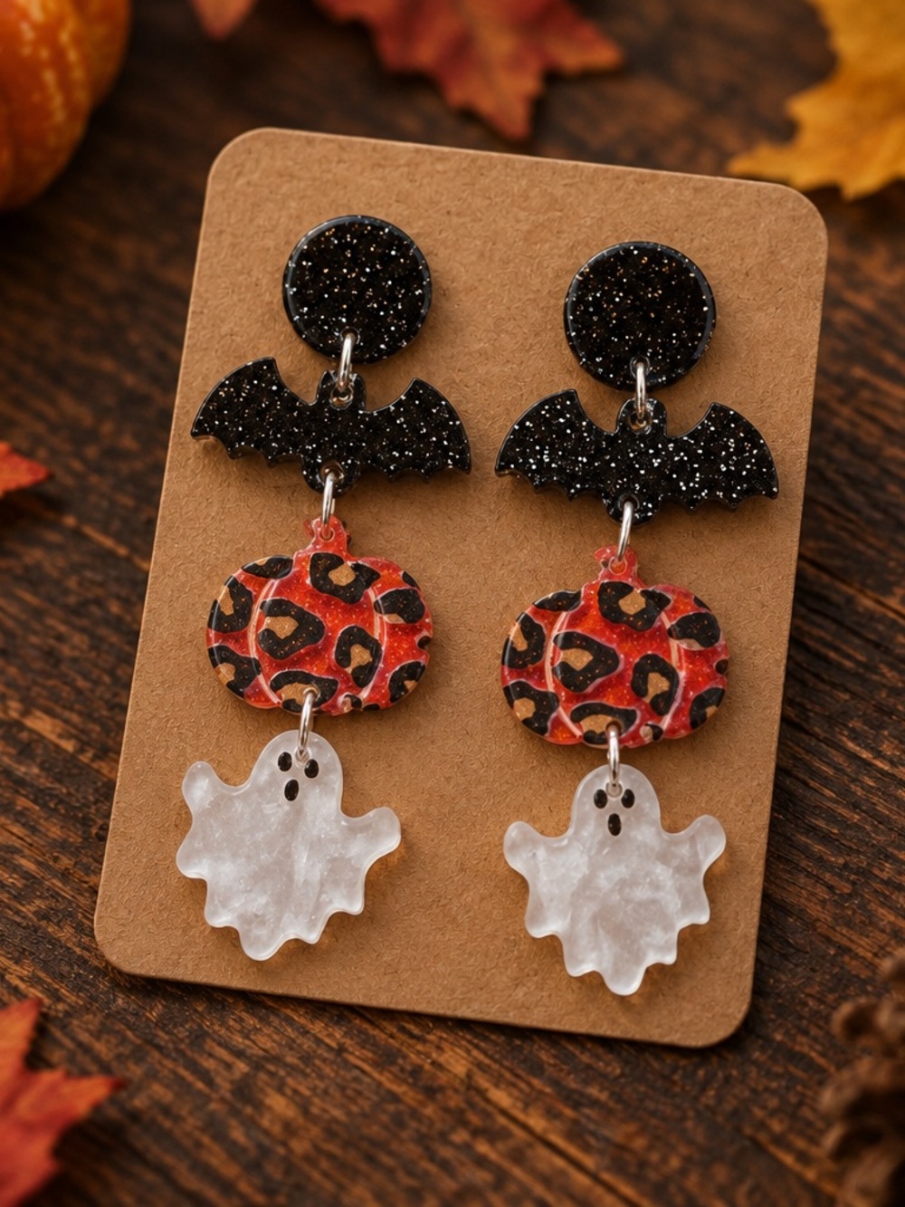 Halloween Bat, Leopard Disc & Ghost Drop Earrings - Black, Orange, White
